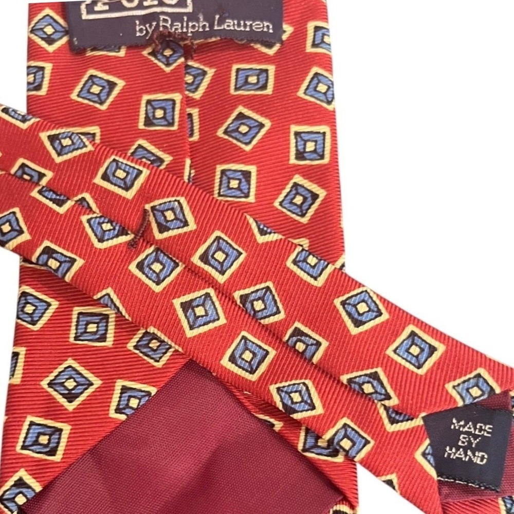 Polo Ralph Lauren Tie Mens OS Red Blue Yellow Geometric Silk Excellent Hand Made